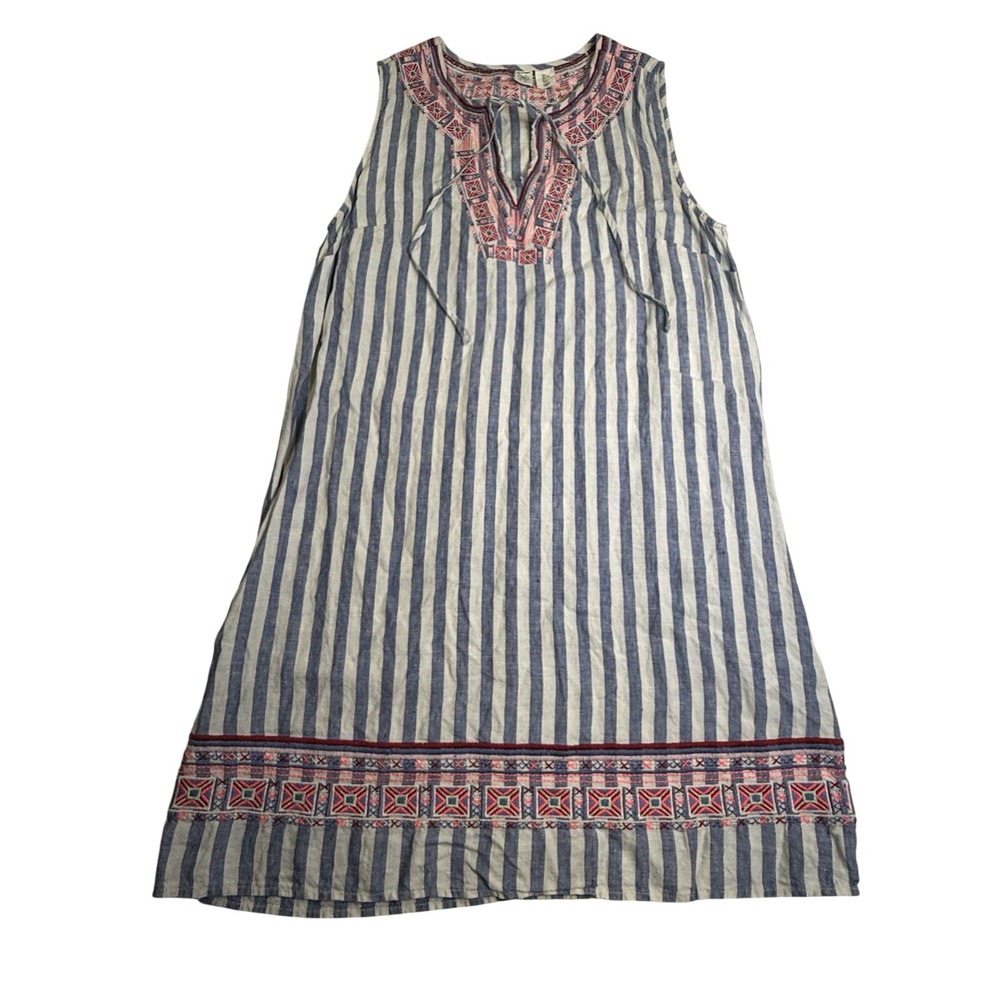 Artisan NY Linen Shift Dress Womens L Blue White Striped Excellent Embroidered